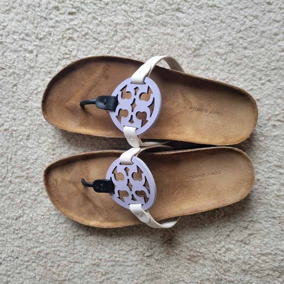 Tory Burch Shoes - Tory Burch White and Purple Sandals with Minimalist Design